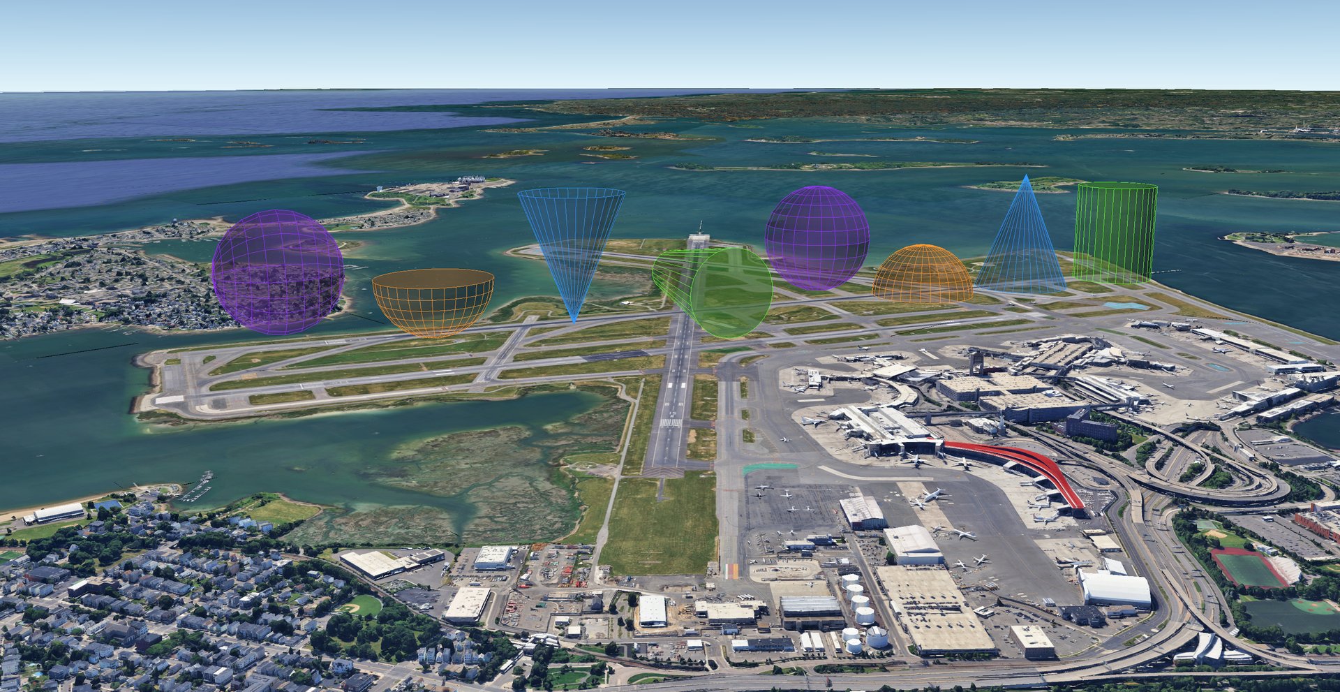 Cylinder, cone, dome, and sphere volumes over Boston in Google Earth, built with kmlb shapes